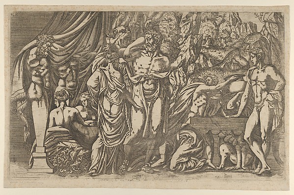 King Eurytus insulted Hercules, and in revenge Hercules attacks the kingdom.  He captures Princess Iole, and sends her to Deianeira. Etched by Antonio Fantuzzi 1540-45. MET